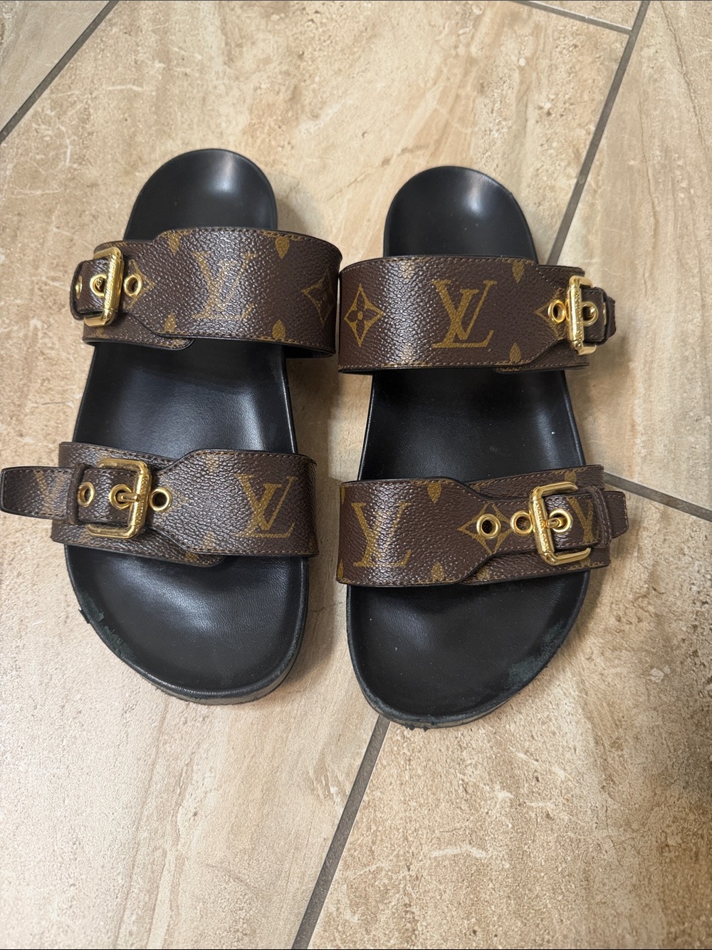 Louis Vuitton Brown Monogram Buckle Double-Strap Slides